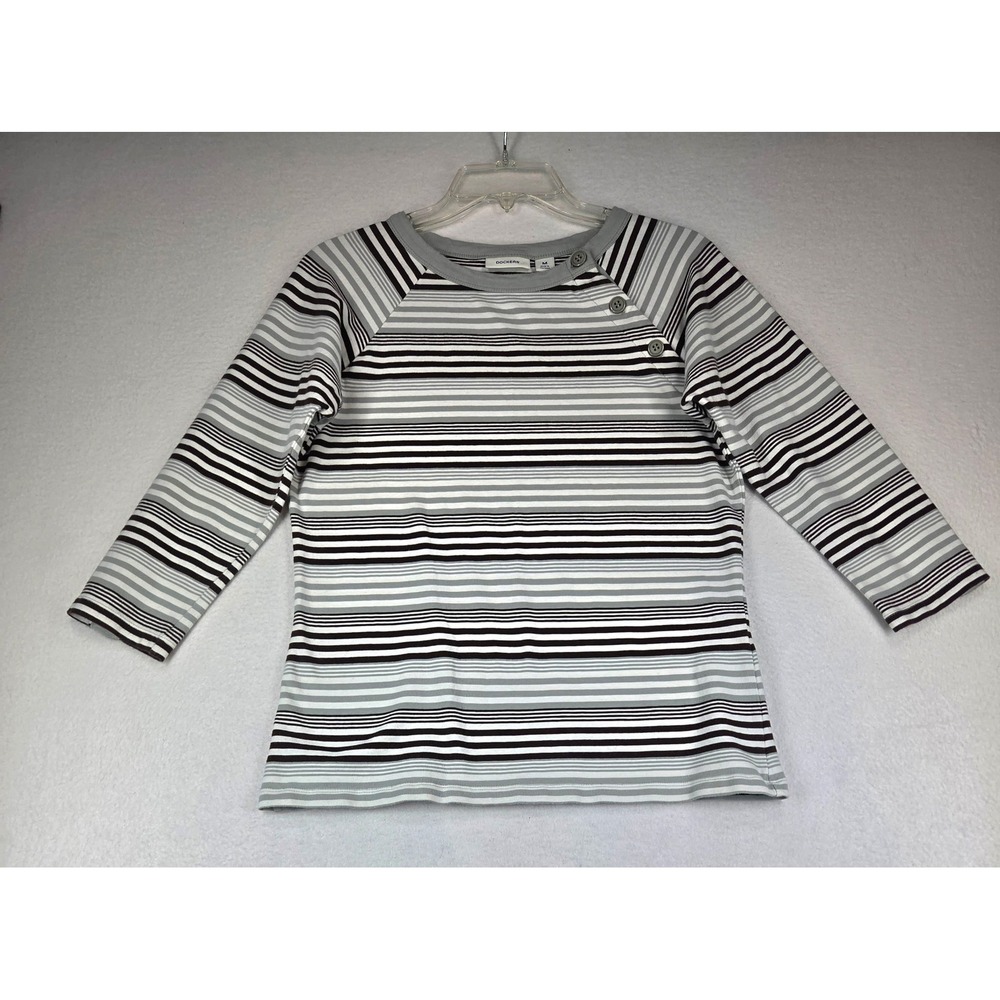 Dockers Womens Striped Button Shoulder 3/4 Sleeve Knit Top Grey White Black M